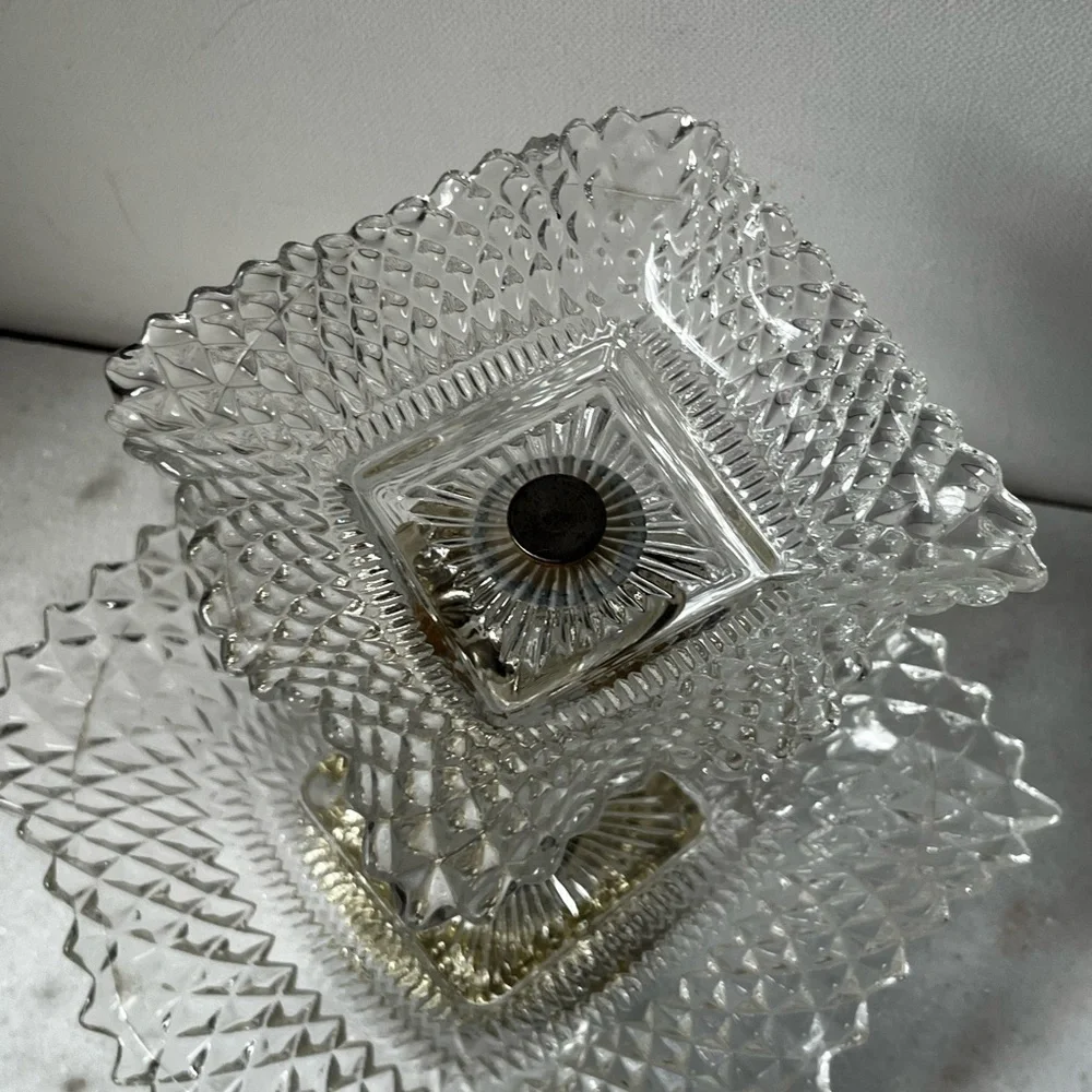 Federal Glass Square Ruffle Diamond Gold Angel 2 Tier Candy Dish Tray ..vintage